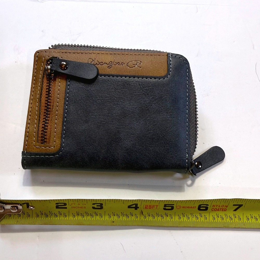 Pidengbao Mens Blue Brown Two Tone Zip Around Bifold Wallet with ID Window